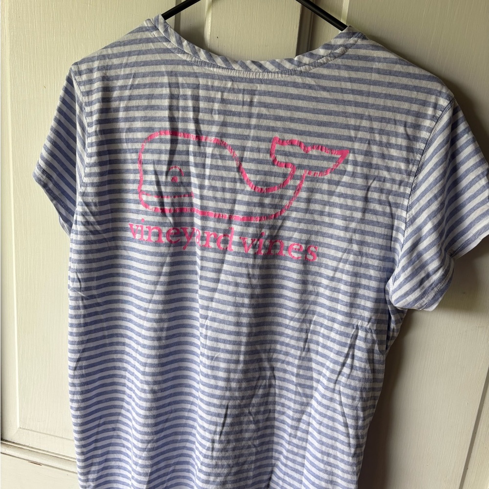 Vineyard Vines Blue and White Striped Tee with Pink Logo